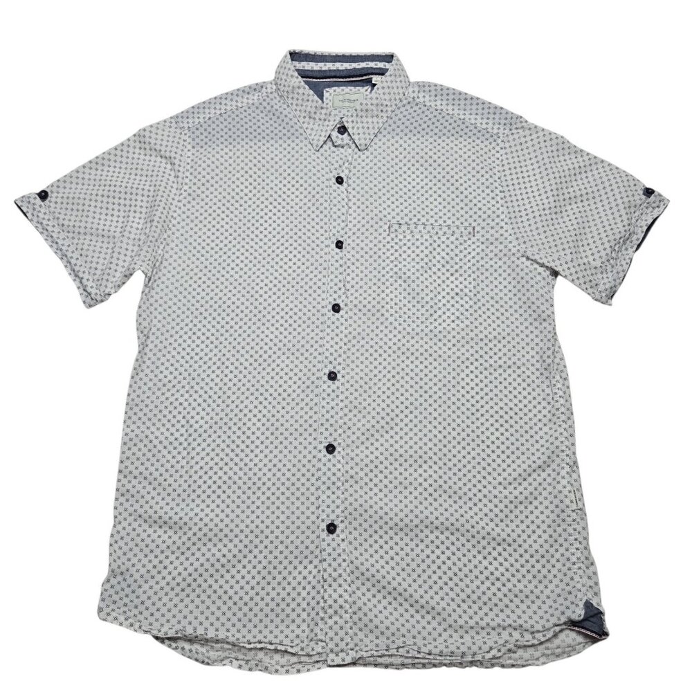 7 Diamonds Shirt Mens Large White Button Up Polka Dot Test Pilot Short Sleeve